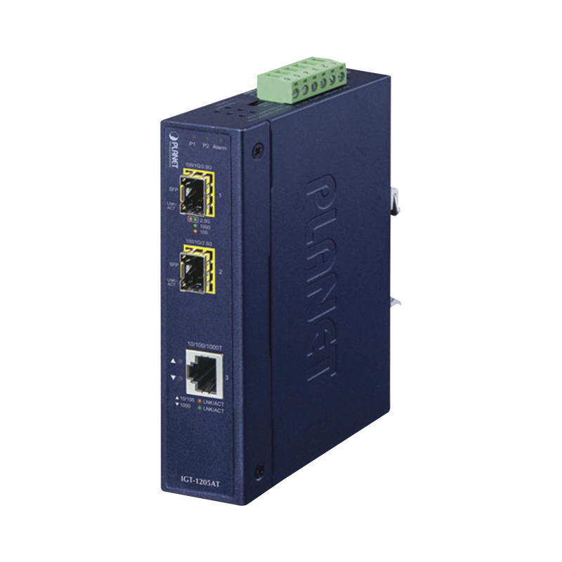IGT-1205AT Convertidor de Medios Industrial de 1 Puerto Ethernet 10/100/1000 Base-T a 2 Puertos SFP 100/1000/2500 Base-X