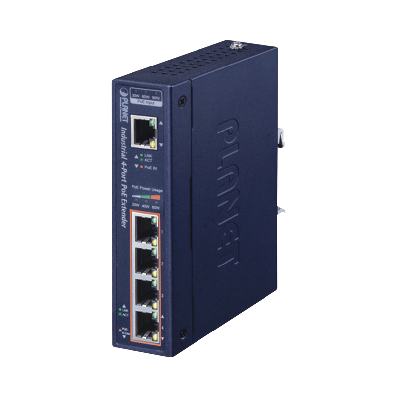 IPOE-E174 Extensor Industrial PoE, Entrada PoE 802.3 bt  y 4 Puertos de Salida Gigabit 802.3 af/at