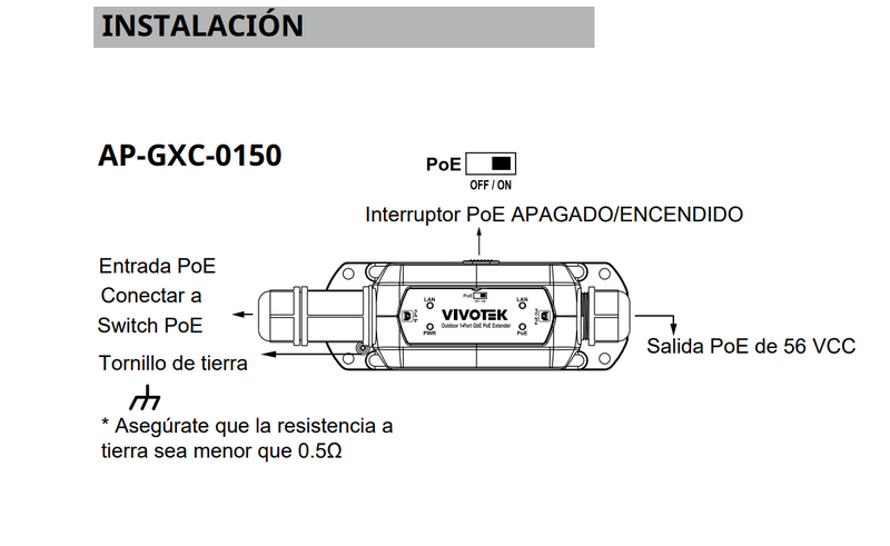 VIVOTEK AP-GXC-0150 - Extensor PoE para exterior con 1 puerto Gigabit GE, conexión en cascada hasta 300m, salida PoE de hasta 68W, y protección IP67 e IK10.