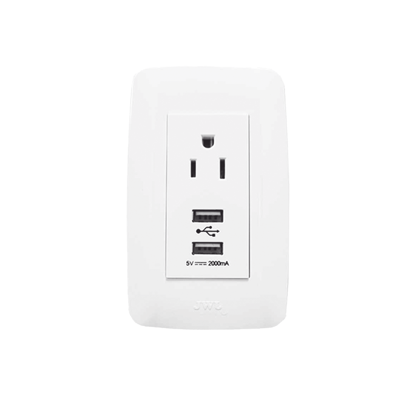 JTL-C7370 Contacto Sencillo de 15 A/ 127 V CA y 2 Conectores USB de 5 V CD 2A / Color Blanco.