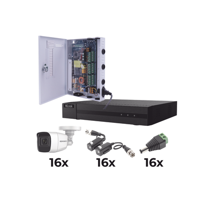 KIT TurboHD 1080p / DVR 16 Canales / 16 Cámaras Bala Policarbonato con Microfono (exterior 2.8 mm) / Transceptores / Conectores / Fuente de Poder Profesional - Toer