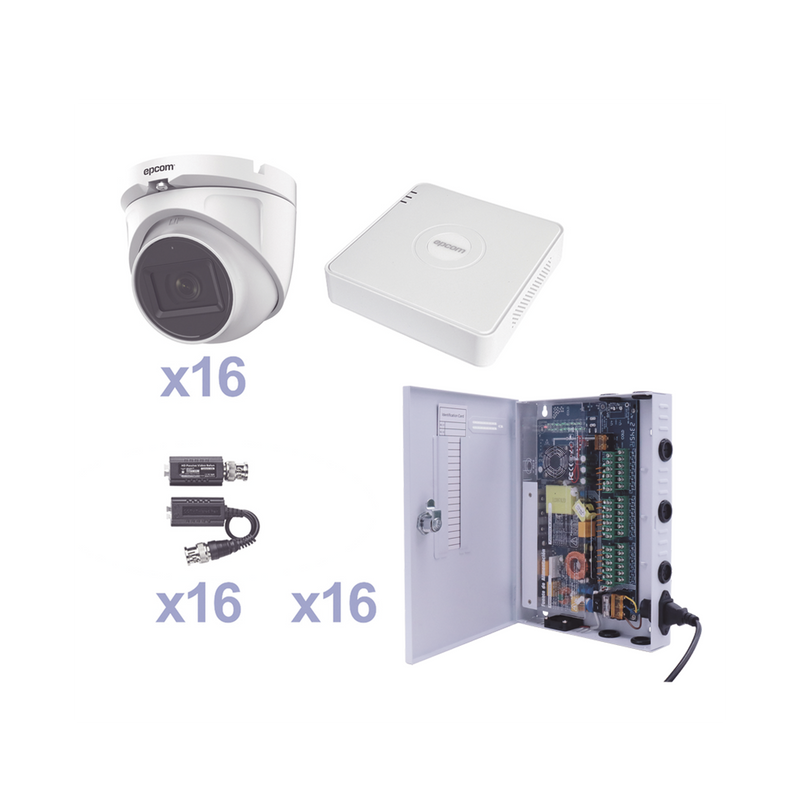KESTXLT16EW KIT TurboHD 1080p Lite / DVR 16 Canales / 16 Cámaras Eyeball  Exterior ( 2.8mm) / Transceptores / Conectores / Fuente de Poder Profesional