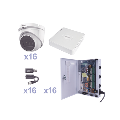 KIT TurboHD 1080p Lite / DVR 16 Canales / 16 Cámaras Eyeball  Exterior ( 2.8mm) / Transceptores / Conectores / Fuente de Poder Profesional - Toer