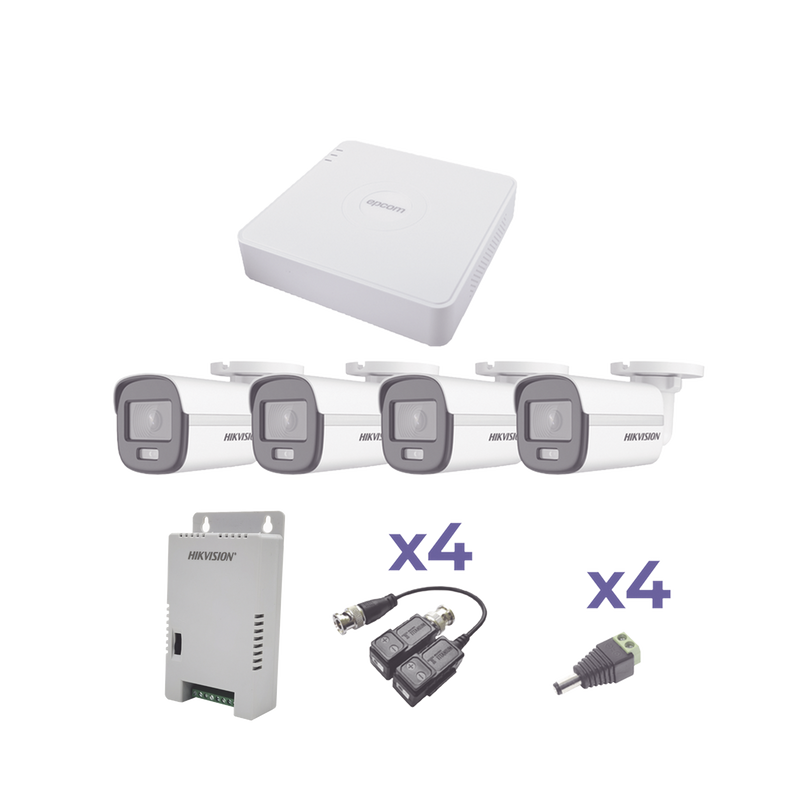 KESTXLT4BC KIT COLORVU TURBOHD 1080p Lite / DVR 4 Canales / 4 Cámaras Bala (exterior 2.8 mm) / Transceptores / Conectores / Fuente de Poder Profesional