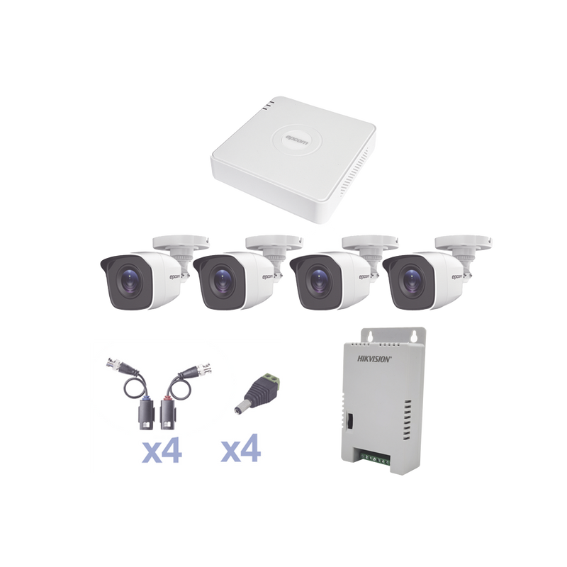 KESTXLT4BW KIT TurboHD 1080 Lite / DVR 4 Canales / 4 Cámaras Bala (exterior 2.8 mm) / Transceptores / Conectores / Fuente de Poder Profesional