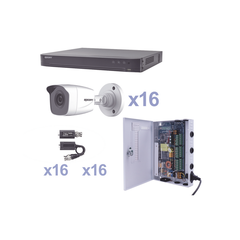 KEVTX8T16BW KIT TurboHD 1080p / DVR 16 Canales / 16 Cámaras Bala (exterior 2.8 mm) / Transceptores / Conectores / Fuente de Poder Profesional