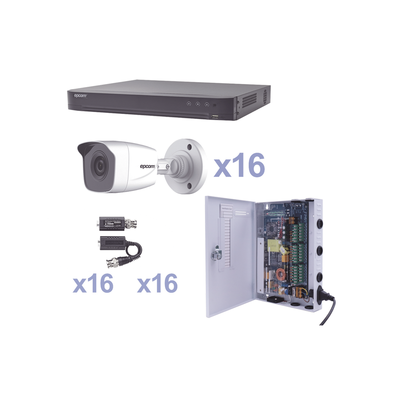 KIT TurboHD 1080p / DVR 16 Canales / 16 Cámaras Bala (exterior 2.8 mm) / Transceptores / Conectores / Fuente de Poder Profesional - Toer