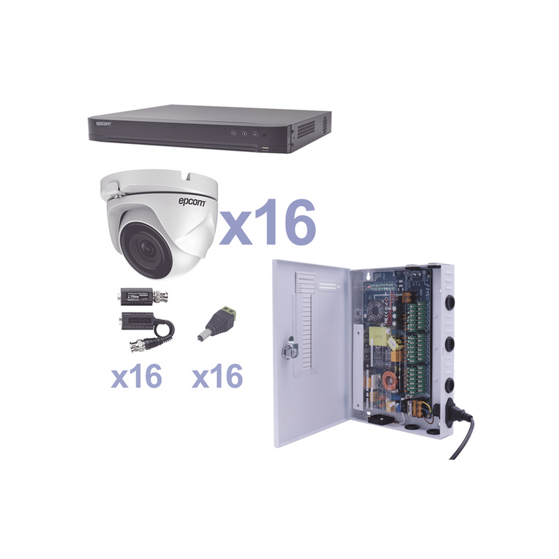 KEVTX8T16EW KIT TurboHD 1080p / DVR 16 Canales / 16 Cámaras Eyeball (exterior 2.8 mm) / Transceptores / Conectores / Fuente de Poder Profesional