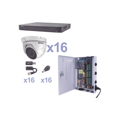KIT TurboHD 1080p / DVR 16 Canales / 16 Cámaras Eyeball (exterior 2.8 mm) / Transceptores / Conectores / Fuente de Poder Profesional - Toer