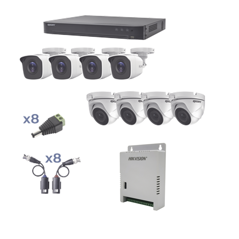 KEVTX8T4BW/4EW KIT TurboHD 1080p / DVR 8 Canales / 4 Cámaras Bala (exterior 2.8 mm) / 4 Cámaras Eyeball (exterior 2.8 mm) / Transceptores / Conectores / Fuente de Poder Profesional hasta 15 Vcc para Largas Distancias