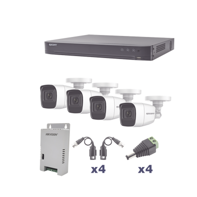 KIT TurboHD 1080p / DVR 4 Canales / 4 Cámaras Bala Policarbonato con Audio Integrado (exterior 2.8 mm) / Transceptores / Conectores / Fuente de Poder Profesional - Toer