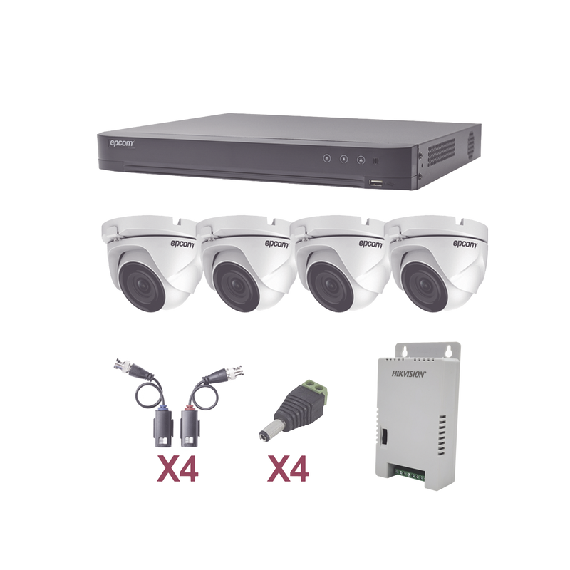 KEVTX8T4EW KIT TurboHD 1080p / DVR 4 Canales / 4 Cámaras Eyeball (exterior 2.8 mm) / Transceptores / Conectores / Fuente de Poder Profesional