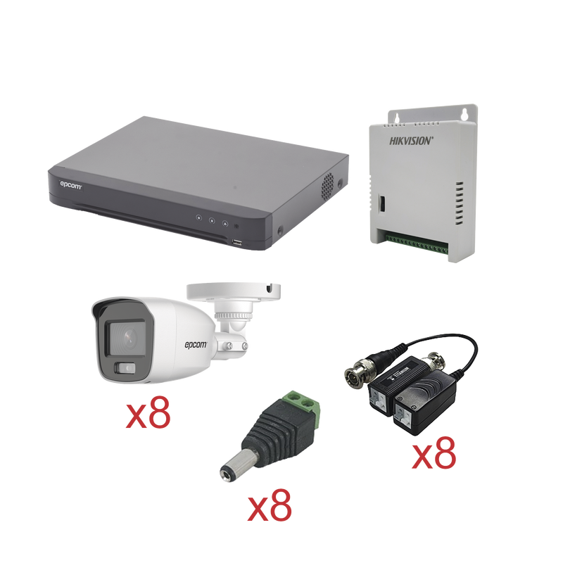 KEVTX8T8BG/A KIT TurboHD con Audio 1080p / DVR 8 Canales / 8 Cámaras Bala (exterior 2.8 mm) / Transceptores / Conectores / Fuente de Poder / AUDIO POR COAXITRON