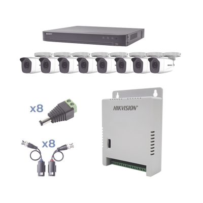 KIT TurboHD 1080p / DVR 8 Canales / 8 Cámaras Bala (exterior 2.8 mm) / Transceptores / Conectores / Fuente de Poder Profesional hasta 15 Vcc para Larga Distancias - Toer