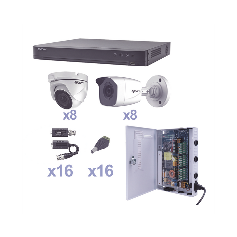 KEVTX8T8B/8EW KIT TurboHD 1080p / DVR 16 Canales / 8 Cámaras Bala (exterior 2.8 mm) / 8 Cámaras Eyeball (exterior 2.8 mm) / Transceptores / Conectores / Fuente de Poder Profesional
