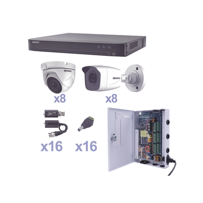 KIT TurboHD 1080p / DVR 16 Canales / 8 Cámaras Bala (exterior 2.8 mm) / 8 Cámaras Eyeball (exterior 2.8 mm) / Transceptores / Conectores / Fuente de Poder Profesional - Toer