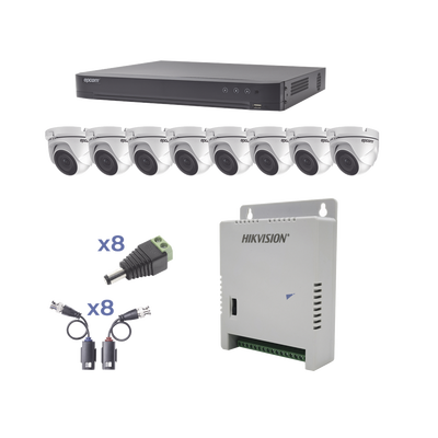 KIT TurboHD 1080p / DVR 8 Canales / 8 Cámaras Eyeball (exterior 2.8 mm) / Transceptores / Conectores / Fuente de Poder Profesional hasta 15 Vcc para Larga Distancia - Toer