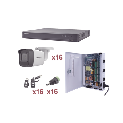 KIT TurboHD 1080p / DVR 16 Canales / 16 Cámaras Bala (exterior 2.8 mm) / Transceptores / Conectores / Fuente de Poder Profesional - Toer