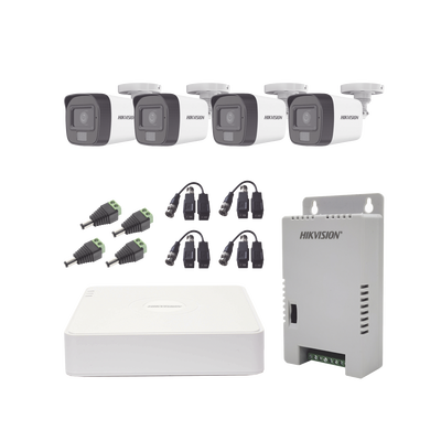 Kit TURBOHD 1080p / DVR 4 Canales / 4 Cámaras con Micrófono Integrado y 101° Visión / Luz Blanca + IR Visión Nocturna / Transceptores / Conectores / Fuente de Poder Profesional Compacta - Toer