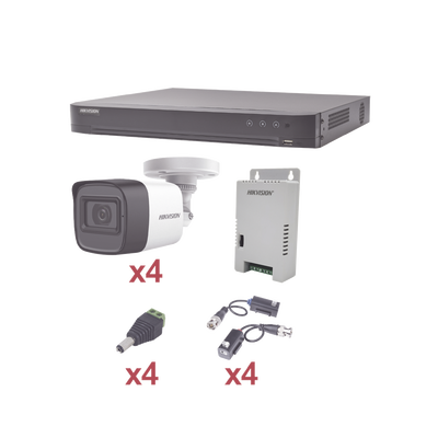 KIT TurboHD 1080p / DVR 4 Canales / 4 Cámaras Bala (exterior 2.8 mm) / Transceptores / Conectores / Fuente de Poder Profesional - Toer
