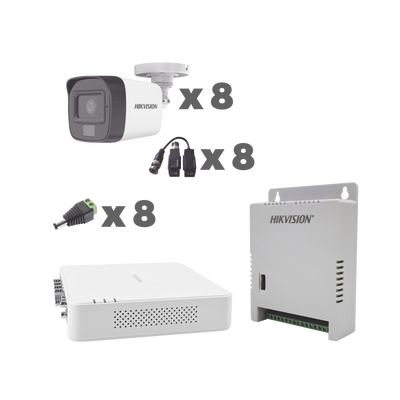 KIT TurboHD 1080p / DVR 8 Canales con audio por coaxitron / 8 Cámaras con Micrófono Integrado 101° Visión/  luz blanca + IR visión nocturna  / Transceptores / Conectores / Fuente de Poder Profesional - Toer