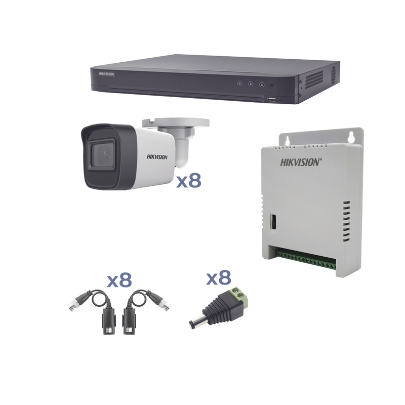 KH1080P8BW KIT TurboHD 1080p / DVR 8 Canales / 8 Cámaras Bala (exterior 2.8 mm) / Transceptores / Conectores / Fuente de Poder Profesional hasta 15 Vcc para Larga Distancia