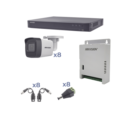 KIT TurboHD 1080p / DVR 8 Canales / 8 Cámaras Bala (exterior 2.8 mm) / Transceptores / Conectores / Fuente de Poder Profesional hasta 15 Vcc para Larga Distancia - Toer