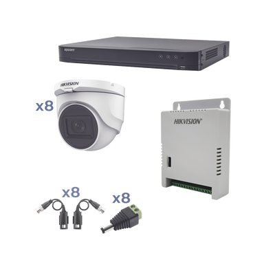Kit TURBOHD 1080p / DVR 8 Canales / 8 Cámaras Turret (exterior 2.8 mm) / Conectores / Transceptores / Fuente de Poder Profesional hasta 15 Vcc para Larga Distancia - Toer