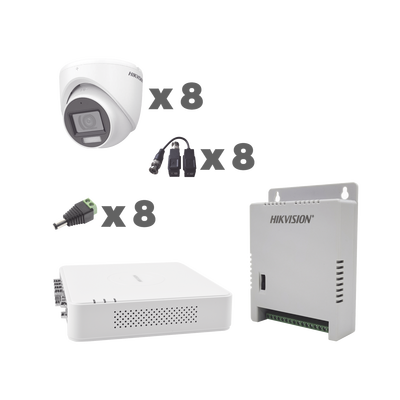 KIT TurboHD 1080p / DVR 8 Canales con audio por coaxitron / 8 Cámaras con Micrófono Integrado 101° Visión/  luz blanca + IR visión nocturna  / Transceptores / Conectores / Fuente de Poder Profesional - Toer