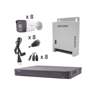 Kit Audio Bidireccional TurboHD 4K-3K / DVR 8 Canales 4K / 8 Cámaras Bala (Exterior) con Bocina y Microfóno Integrado 3K / 1 Fuentes de Poder / Accesorios - Toer