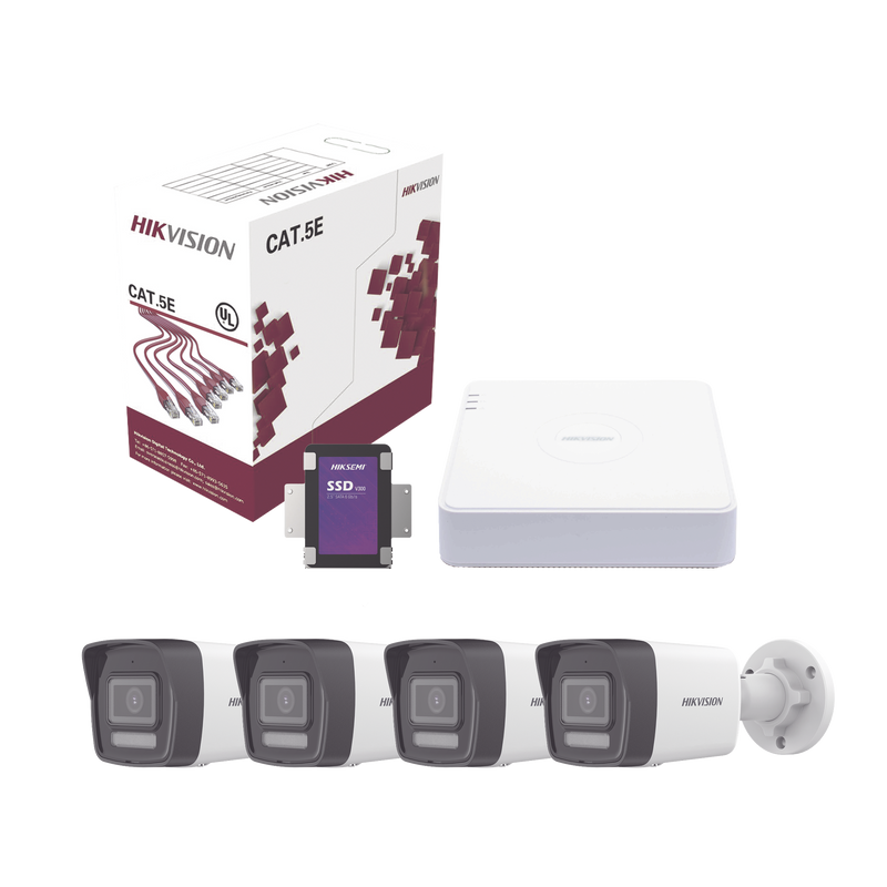 KIT4MP/4B/1TB Kit IP 4 Megapixel / NVR de 4 Canales con 4 Puertos PoE / 4 Cámaras IP Bala Dual Light (IR + Luz Blanca) con Microfono Integrado y ACUSENSE Lite para Exterior/ Bobina de Cable de 100 mts / SSD de 1 TB