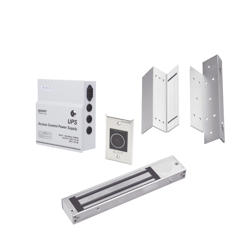 KITMAG12V Kit para control de acceso incluye Fuente de 12VCD con respaldo de batería/ Chapa magnética de 600Lbs / Montajes L y Z / Botón de salida