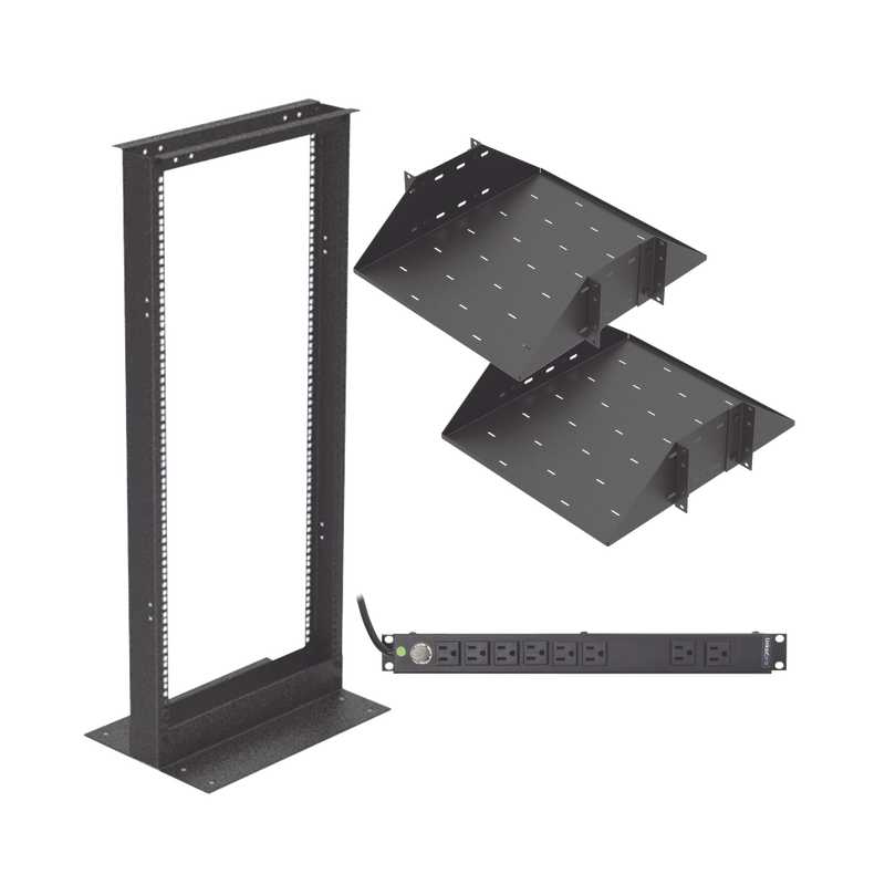 Kit de Rack Estándar 19, 24 UR con 2 Charolas  y PDU (8 tomas). Ideal para UPS y Servidores tipo Torre.