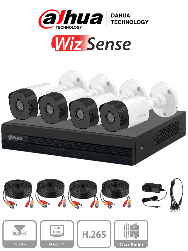 DAHUA KITXVR1B04-I1MP-2.8 - Kit de 4 canales con cámaras B1A11 de 1 MP, lente de 2.8mm y ángulo de visión 93°. Soporta 4 canales más 1 IP o hasta 5 canales IP, tecnología SMD Plus, búsqueda de humanos y vehículos