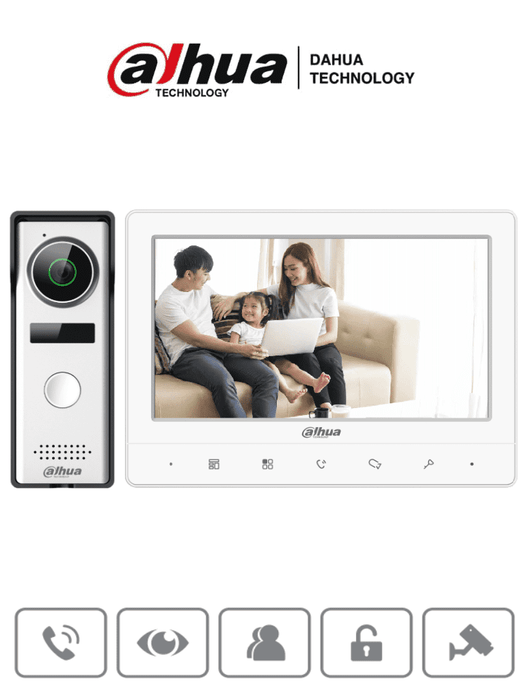 DAHUA KTA02 - Kit de Videoportero analógico con monitor táctil de 7" y frente de calle con cámara de 1.3MP con DWDR y protección IP66. Controla hasta 2 frentes de calle y 3 monitores, con apertura de puerta