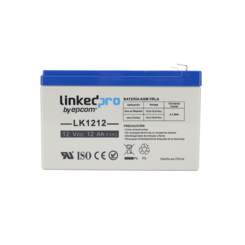 LK1212 Batería 12 V / 12 Ah / UL / Tecnología AGM / Vida útil promedio de 5 años / Uso en equipo electrónico / Intrusión / Incendio/ Control de acceso / Video Vigilancia / Terminales F1 ( Incluye adaptador F2 )