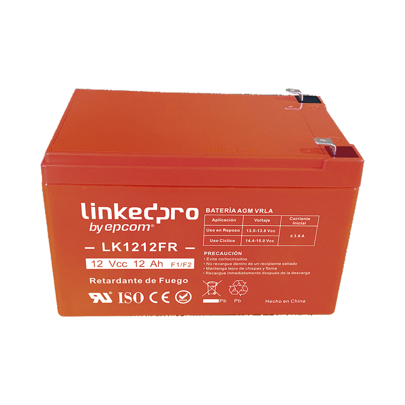 LK1212FR Batería 12 V / 12 Ah / UL / Tecnología AGM / Vida útil promedio de 5 años / Retardante a la Flama / Uso en equipo electrónico, Alarmas de Intrusión / Incendio / Control de acceso / Video Vigilancia / Terminales F1