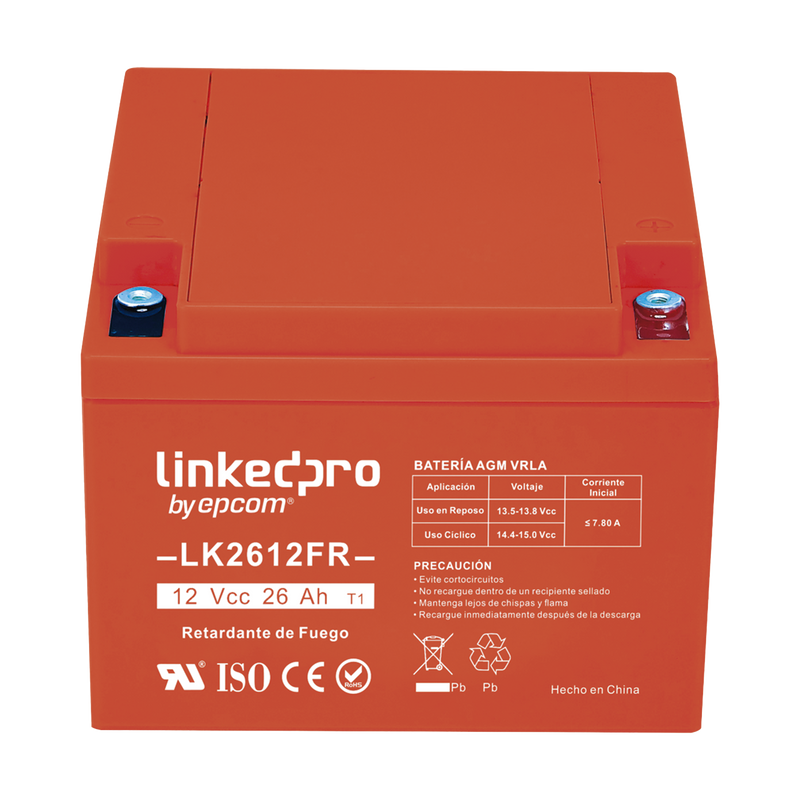 Batería 12 V / 26 Ah / UL / Tecnología AGM-VRLA / Vida útil promedio de 5 años / Retardante a la Flama / Para uso en equipo electrónico, Alarmas de Intrusión / Incendio/ Control de acceso / Video Vigilancia / Term