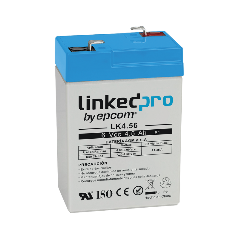 LK4.56 Batería 6 V / 4.5 Ah / UL / Tecnología AGM / Vida útil promedio 5 años / Para uso en equipo electrónico, Alarmas de Intrusión / Incendio/ Control de acceso / Video Vigilancia / Terminales F1 ( Incluye adaptador F2