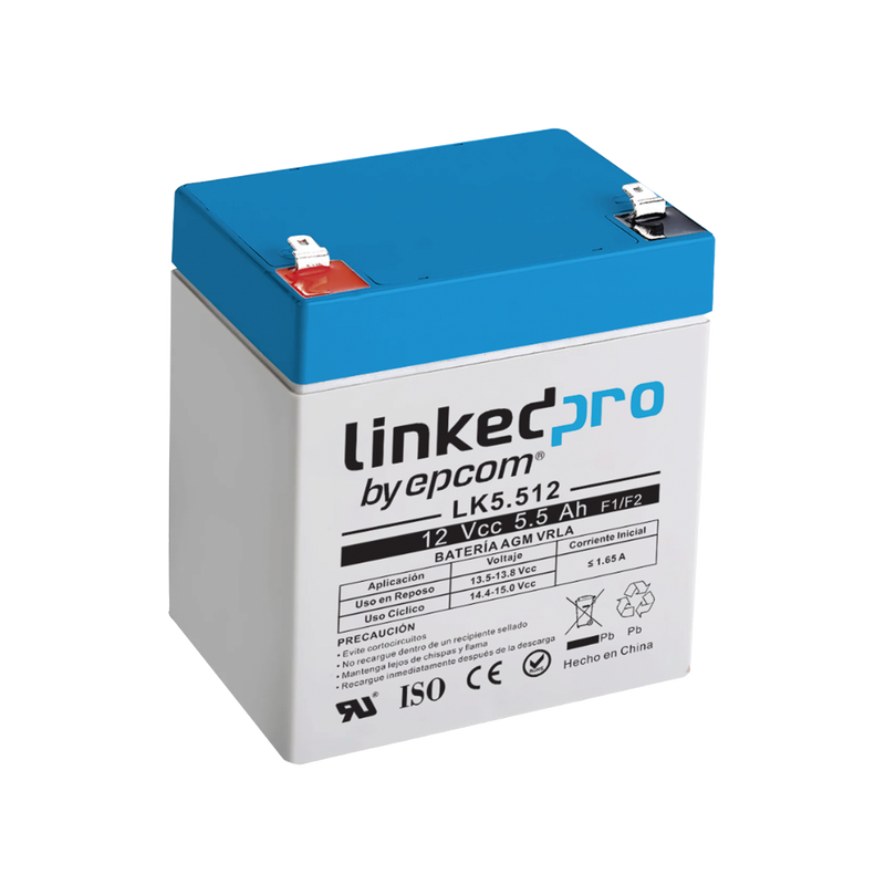 LK5.512 Batería 12 V / 5.5 Ah / UL / Vida útil promedio 5 años / Tecnología AGM / Para uso en equipo electrónico, Alarmas de Intrusión / Incendio/ Control de acceso / Video Vigilancia / Terminales F1 ( Incluye adaptador F