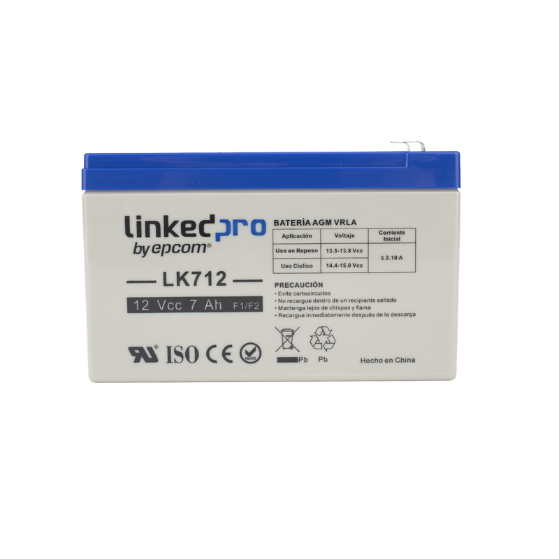 LK712 Batería 12 V / 7 Ah / UL / Tecnología AGM / Vida útil promedio 5 años / Uso en equipo electrónico, Alarmas de Intrusión / Incendio / Control de acceso / Video Vigilancia / Terminales F1 ( Incluye adaptador F2 )