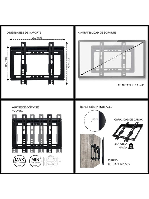 TCE LMDM1940W - Soporte de Pared Fijo para Pantallas de 14 a 43” Carga 20 Kg, VESA 100x100mm / 200x200mm, Color Negro