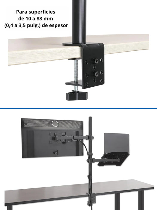 TCE LMG25NB - Soporte de Escritorio Combinado para Monitor de 13" a 32" y Laptop de 10 a 17" , Carga Máxima Monitor 8Kg ,  Ajuste de Inclinación y Rotación