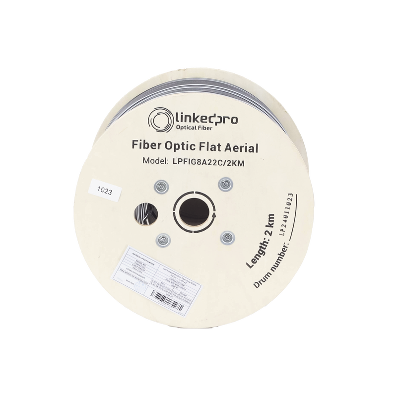 Carrete de 2 km de Fibra Óptica Aérea Mini Figura 8 G.657A2 tipo Drop Plana, Monomodo de 2 Hilos (bifibra), Color Negro,  (No Soporta Conectores Mecánicos)