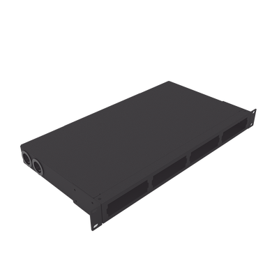 Distribuidor de fibra óptica vacio 19in, Acepta 4 placas Acopladoras de Linkedpro, hasta 24 fibras, 1UR, Incluye charola de empalme - Toer