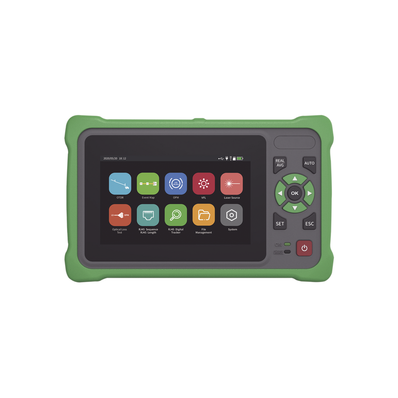 OTDR Touch para Pruebas en los Enlaces de Fibra Óptica / Longitudes de onda  1310nm y 1550nm / Función VFL 10mW / Función OPM / Función de Mapeo de cables de Red RJ45 / Recargable / Distancia de prueba de hasta 260km