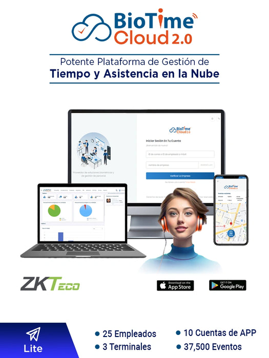 ZKTECO BIOTIMECLOUDLITE - Licencia de Asistencia en la Nube para 25 Empleados, 3 Terminales, 37,500 Eventos y 10 Cuentas de App, Suscripción por un Año