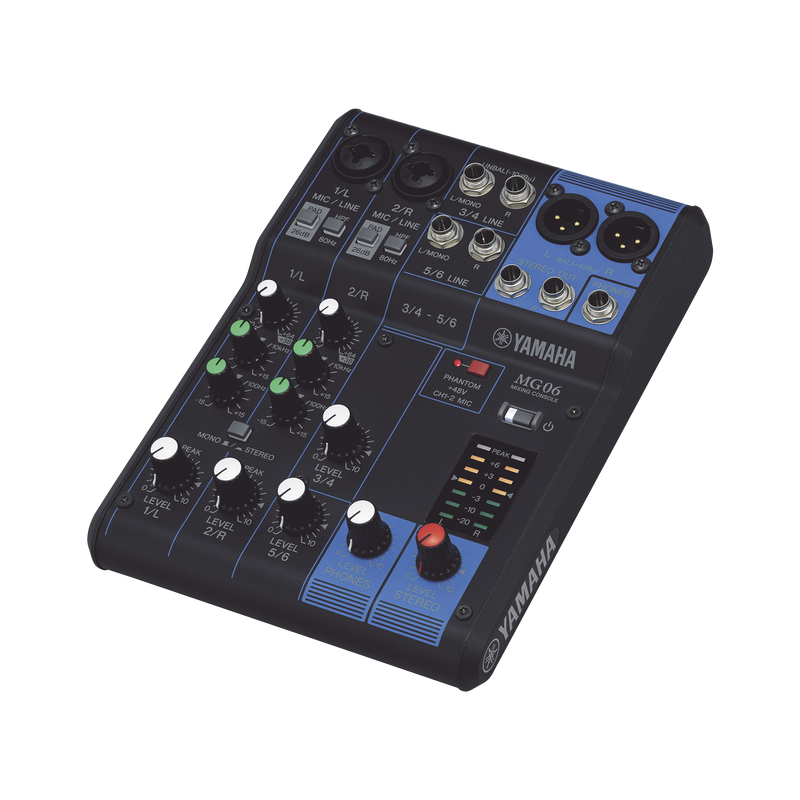 MG06 Mezcladora de Audio | 6 Canales | 2 entradas de micro/6 de línea (2 mono + 2 estéreo) | Alimentación Phantom