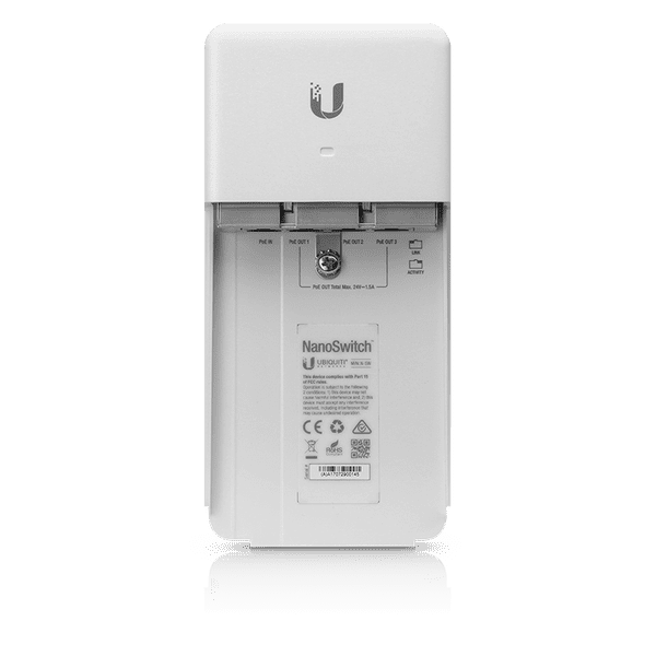 UBIQUITI N-SW - Switch Nano Gigabit PoE para exteriores con 1 puerto PoE pasivo de entrada y 3 puertos PoE pasivos para salida.