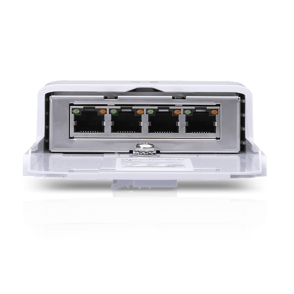 UBIQUITI N-SW - Switch Nano Gigabit PoE para exteriores con 1 puerto PoE pasivo de entrada y 3 puertos PoE pasivos para salida.